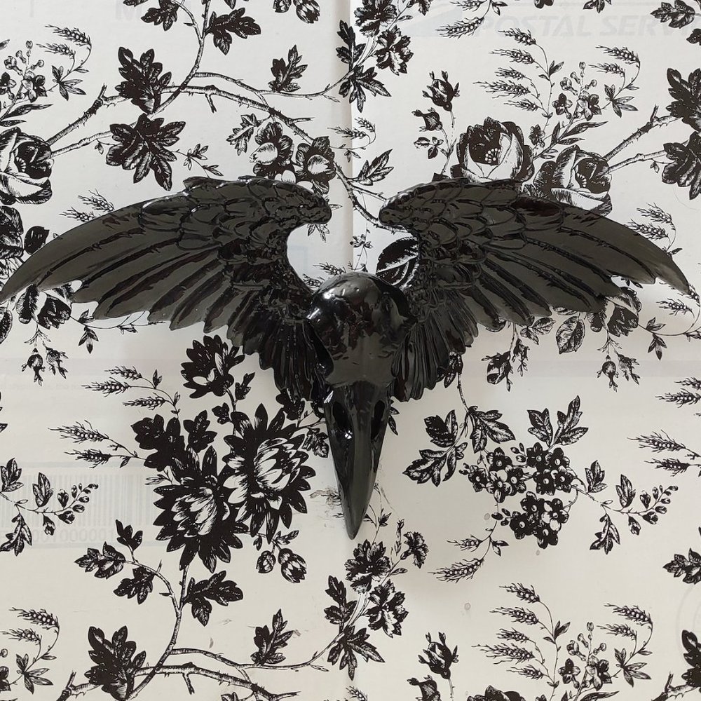 Winged Resin Crow Skull Figurine •• 3D Raven Skull Wall Hanging •• Gothic Decor